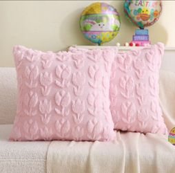 Spring Pillow Covers, 18 x 18 Inch Set of 2 Pink Tulip Flower Soft Plush Faux Fur Throw Pillow Cases for Chair Sofa Bedroom Living Room Spring Home De