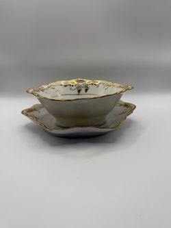 Antique Alfred Meakin England Porcelain Sauce Boat & Saucer Plate Set Gold