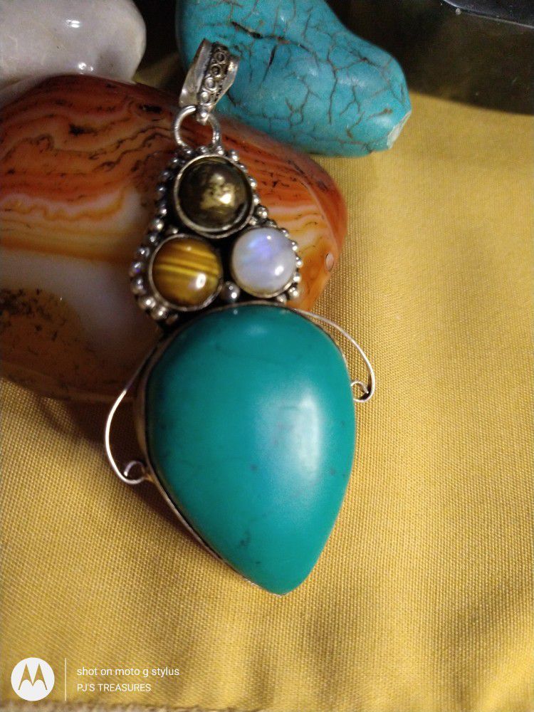 NEW! HUGE! BALI-STERLING.NEVADA TURQUOISE (*21.7 *Grams*) TEAR-DROP: TIGERS-EYE/MOONSTONE, & A GOLDEN PEARL.: (3") PENDANT/STERLING CHAIN. 20"   