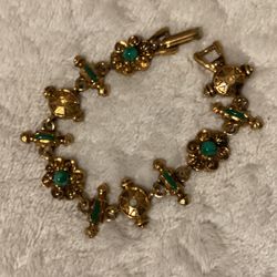 7” Yellow Goldtone Charm Bracelet With Green Stones…solid