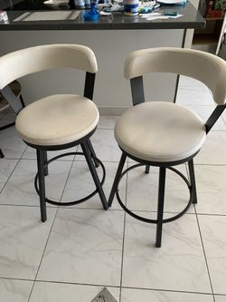 2 White Leather Bar Stools