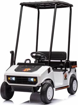 2394g  12V Golf Cart for Kids Boys Girls 2 Seater Electric Ride on Toys, White Detachable Sunshade Roof, 2WD, With Remote Control, Music Player, for K