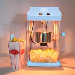 4oz Tabletop Popcorn Machine, Blue and White, Stainless Steel Kettle, 17.5 x 12.6 Inch, with Measuring Tools and Scoop, for Home Movie Night
