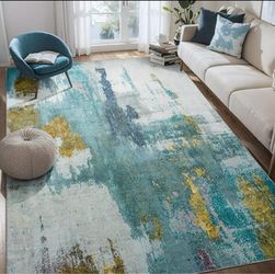 Vintage Abstract Area Rug Blue and Gold 6x9