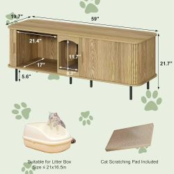🥨Double Cat Litter Box Enclosure Furniture, 59" Fluted Cabinet,Natural Large Hidden LitterBox Furniture, with Scratching Pad, for 2 Cats, Modern Cabi