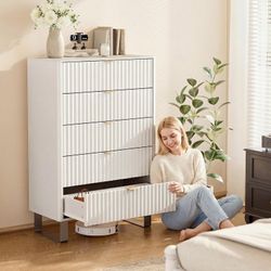 New005-white  $110  Fluted 5 Drawers Dresser, 48" H Modern Country Storage Dressers with Brushed Metal Handles, Wood Storage Organizers for Living Roo
