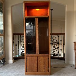 Vintage, Oak, Lighted, Audio Wine, Linen, Curio Cabinet, Tempered Tinted Glass Doors