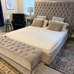 Luxury Grey Velvet King Bedroom Set - Bed, Mattress, & Tufted Bench