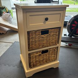 White Farmhouse Dresser & Bedside Table Set – Solid Wood + Wicker Baskets