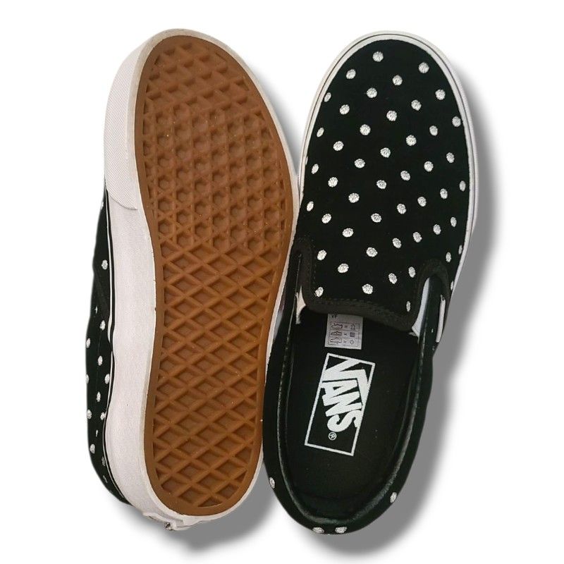 VANS Slip On Shoes Black Felt Polka Dots Mens 4.5 Women 6