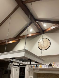 Solid white wood pot hanger with 6 modern bulb lights