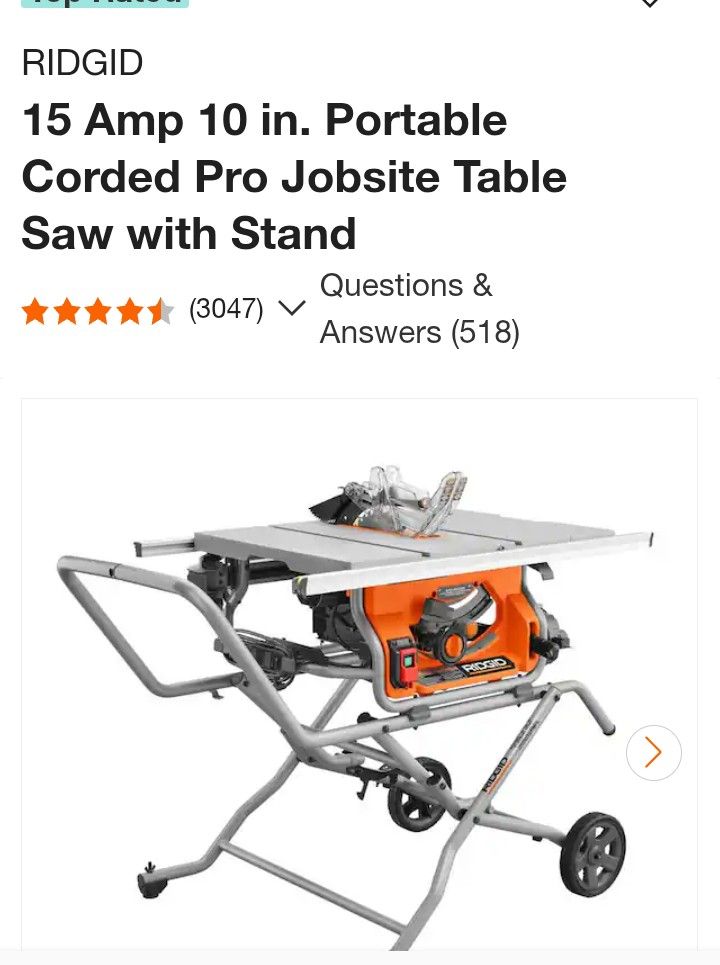 10" 15 Amp Portable Ridgid Table Saw With Stand