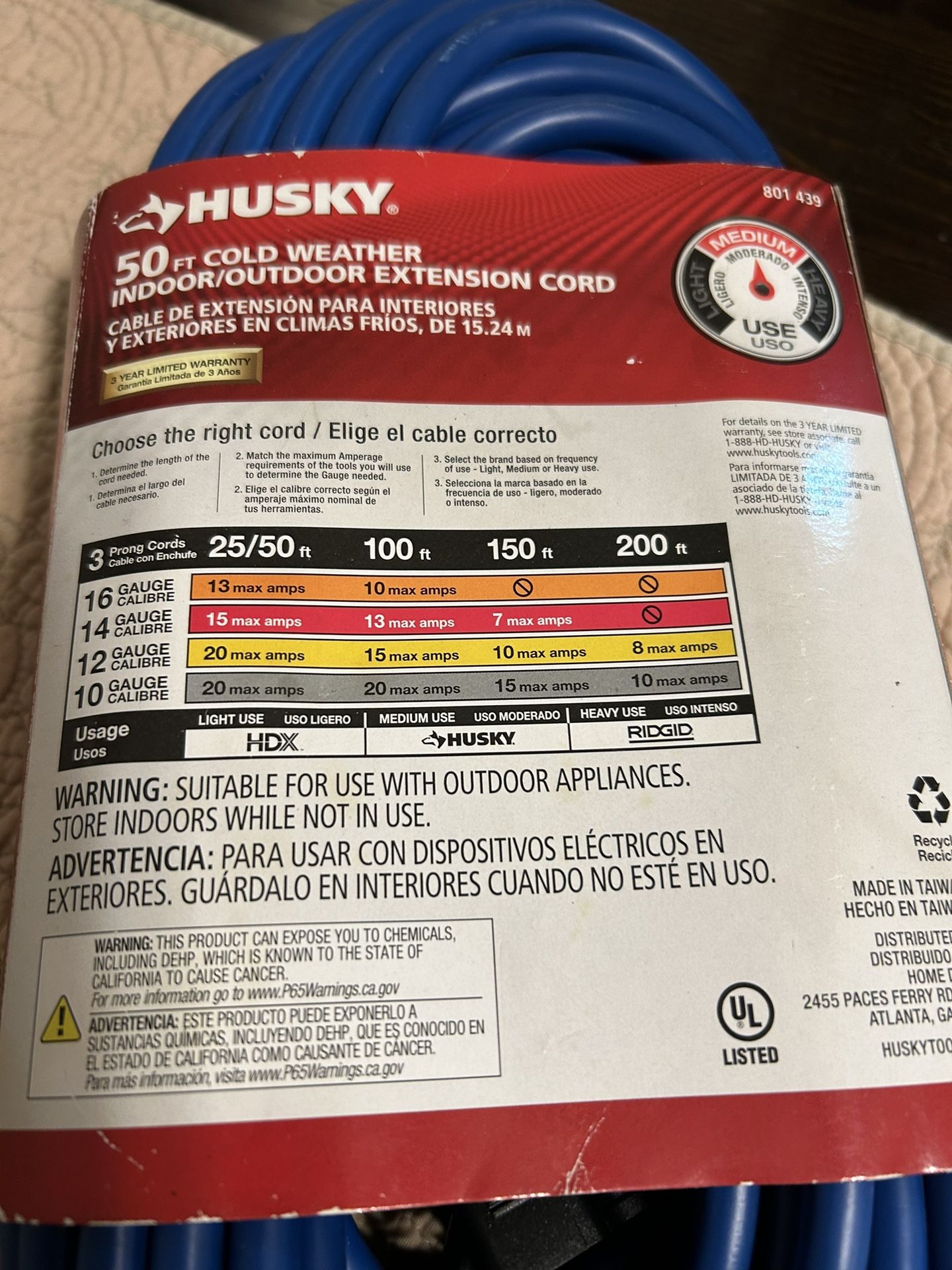 Husky 50 Ft Cold Weather Indoor Outdoor Extension Cord 14 Gauge for