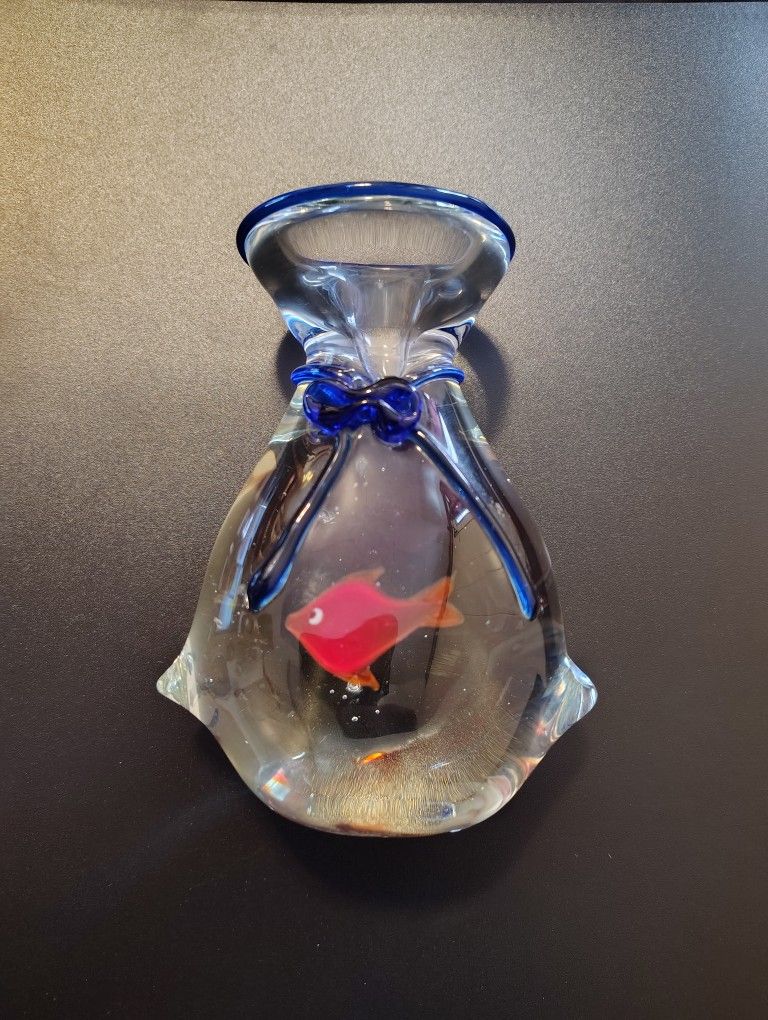 Vintage Art Glass Fish in Bag Paperweight