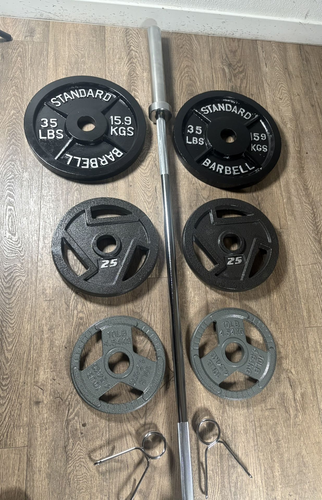 CUZ NEED THE $$ NEW Olympic Equipment: 6 ft Silver Bar & Weight Plates 35s, 25s, and 10s lbs. Total: 180 lbs [ NO, No Better Price]