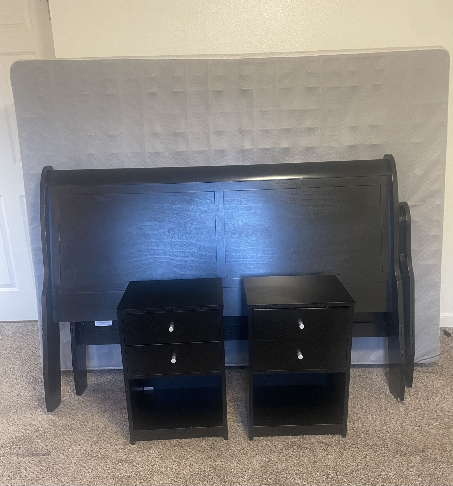 Free Queen Bed Frame, 2  Bed Side Cabinets And Box Spring