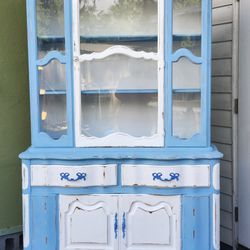Small Wood Light Blue and White China Cabinet, Distressed
