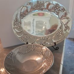 Pewter LARGE SERVING TRAY AND BOWL FRUIT PATTERN 