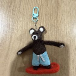 Handmade wool felt surfing bear keychain