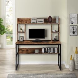 47 inch Rustic Office Desk and Modern Writing Desk with Storage Shelves , Vintage and Black Legs
