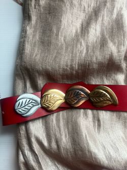 VTG 1980’s Italian MOD DEP Red Leather Metal Leaf Motifs, silver,copper,gold toned. S/M see pics