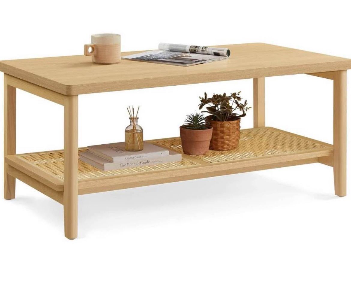 2-Tier Coffee Table for Living Room, Living Room Table Rectangular Center Table, with PVC Rattan Storage Shelf, Rounded Corners, Easy Assembly, Boho S