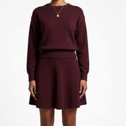 Burgundy Knit Two Piece Set Slouchy Crewneck Sweater & A Line Mini Skirt Fall