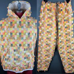 70s 80s Vintage Harvest Quilt Patchwork Hoodie Jacket & Matching Pants MENS LARGE
