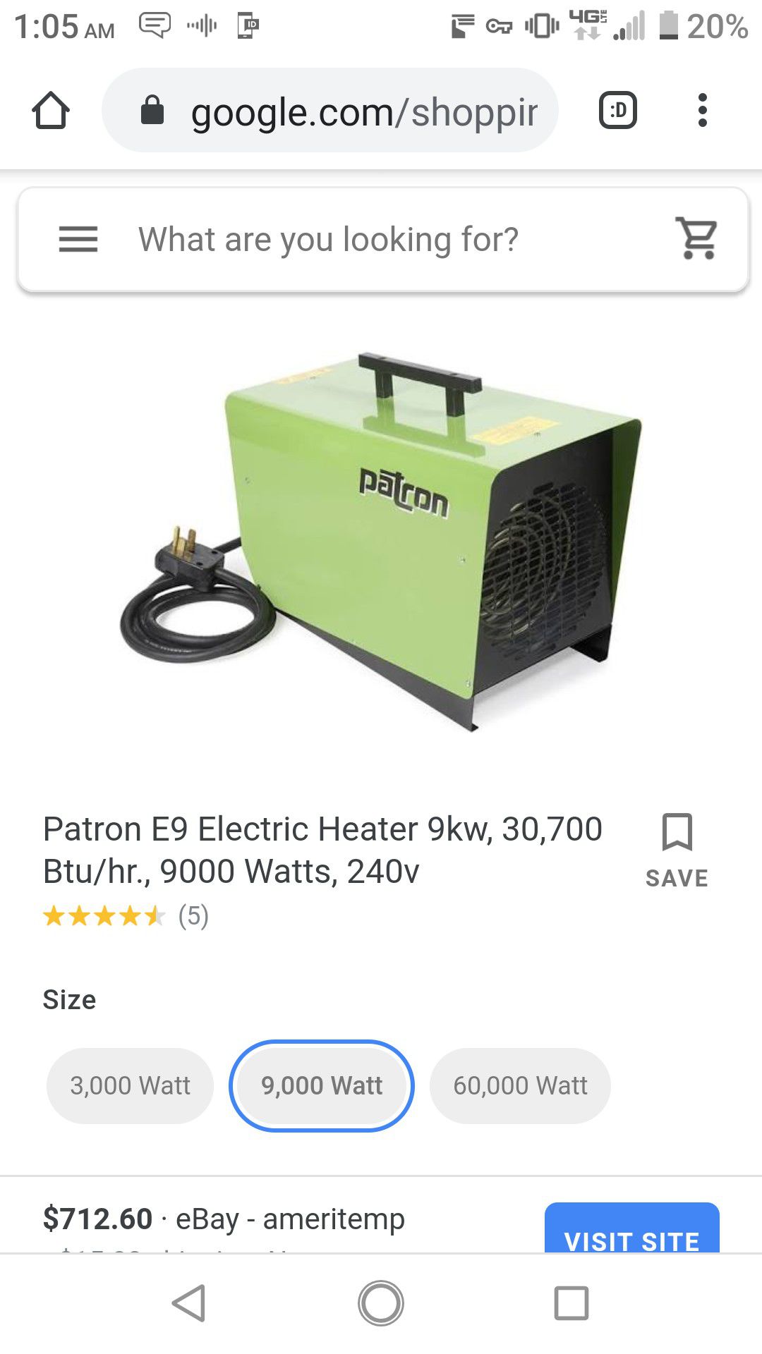 Patron electric heater 30,700 btu E9