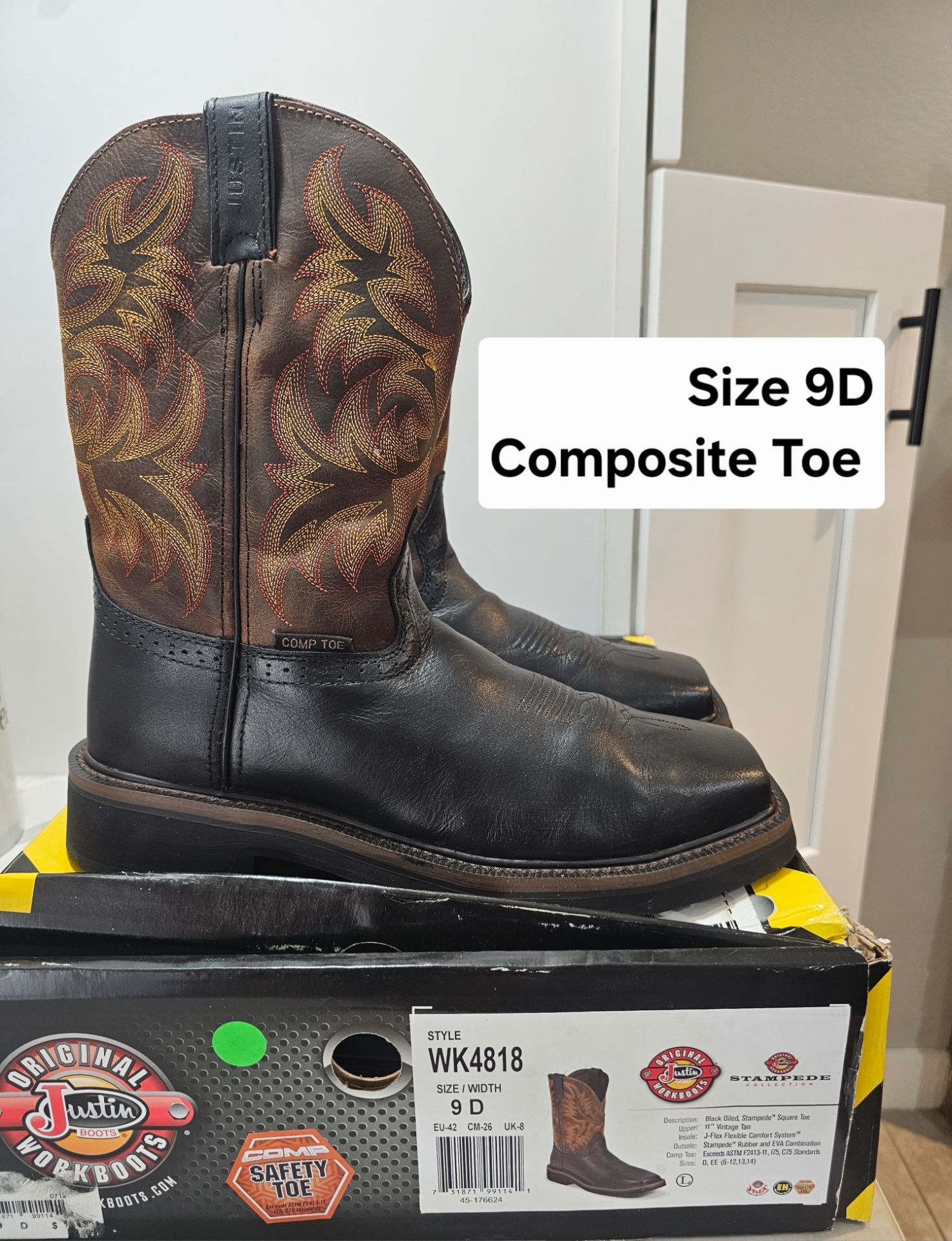 Justin Composite Toe Work Boots Size 9D