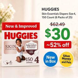 New Huggies Skin Essentials Diapers Size 4, 150 Count