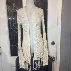 Cream Crochet Fringe Cardigan – Say What? – Boho Festival Knit – Size Small