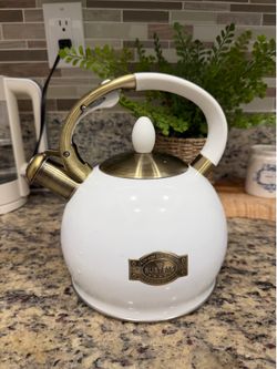 SUSTEAS Vintage Whistling Tea Kettle – White & Gold – Like New