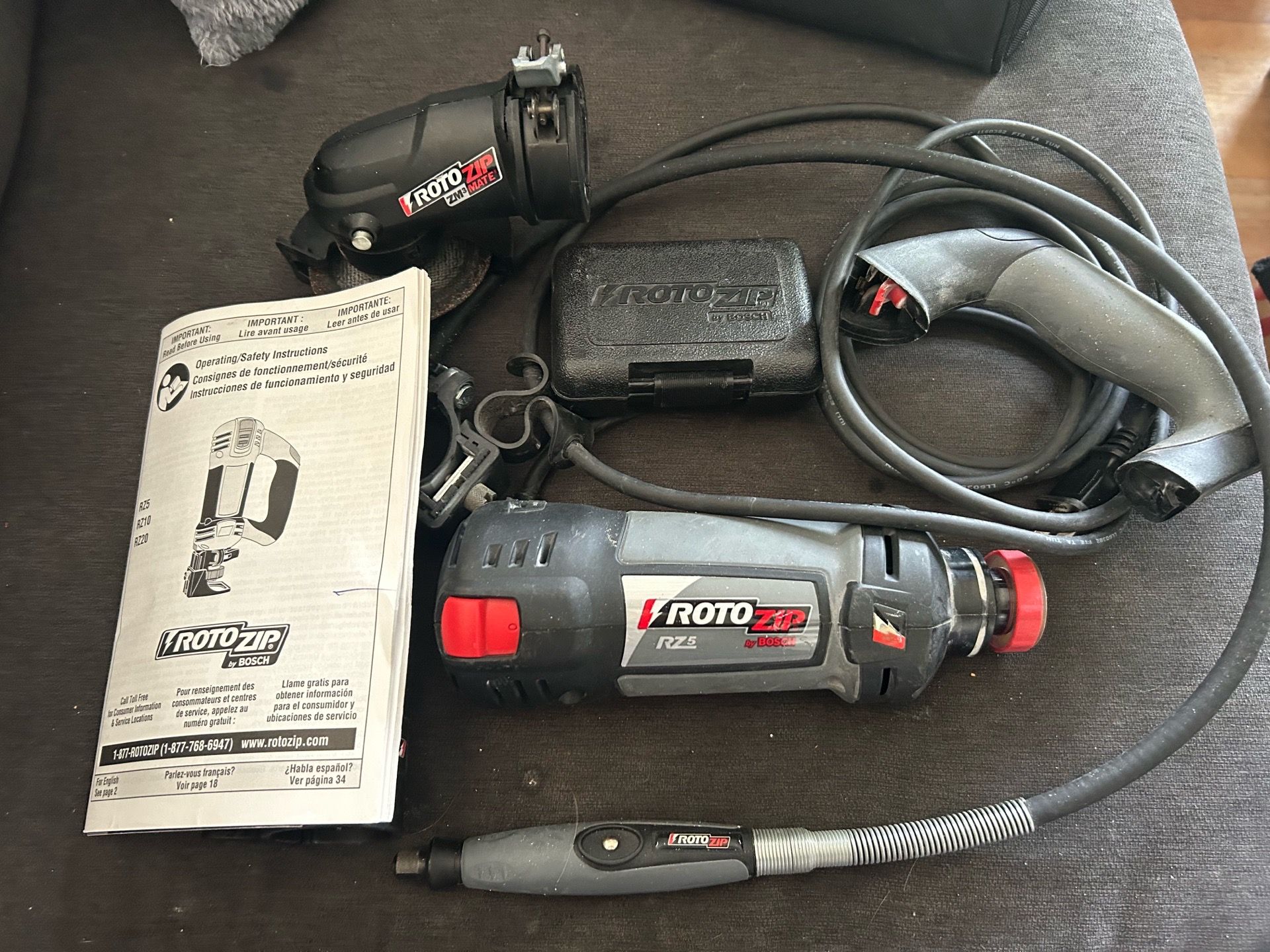 RotoZip RZ5 spiral saw kit, with a variable-speed rotary tool, a right-angle attachment & case