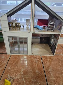 Two-Story Wooden Dollhouse with Furniture