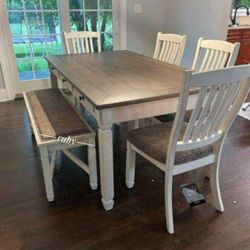 Brand New | Two Tone Light Brown / White Color Bolanburg Dining Set | Table+Chairs+Bench @ Fast Delivery 🚚