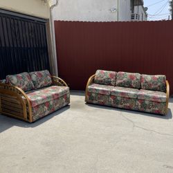 Vintage Boho Rattan Sofa And Love Seat Set