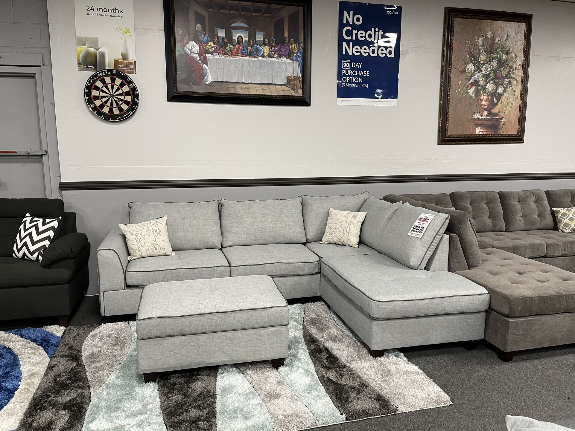 3PC Gray Sofa Sectional W/ Free Ottoman 
