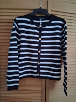 Navy Blue White Striped Button Cardigan