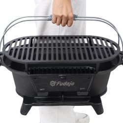 New Cast Iron Hibachi Grill – Portable Charcoal BBQ for Outdoor Cooking, Durable Tabletop Skillet