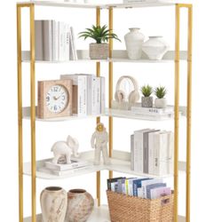 White L-Shaped Bookshelf, Modern Corner Bookshelf 5-Shelf Corner Bookcase for Display CDs Movies wit