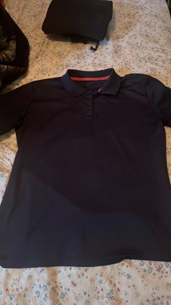 Navy blue mid length half button down school shirt