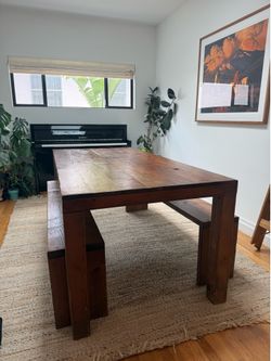 Reclaimed wood dining table and benches