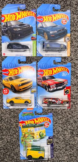 Hot Wheels Lot of 5 1:64 Diecast Cars Subaru WRX, Impreza 22B, TMNT