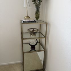 Gold Metal & Glass Etagere Bar Cabinet with Mirrored Door