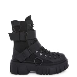 Women's Black Platform Combat Boots with Buckle Straps