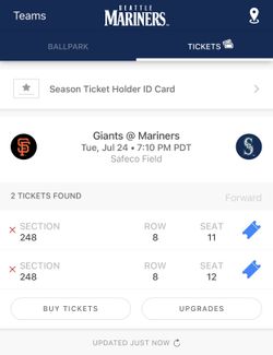 Mariners vs. San Francisco Giants-Terrace Club right on the aisle
