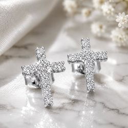 Iced Moissanite Cross Stud Earrings – D Color VVS1 | 925 Silver Faith Jewelry