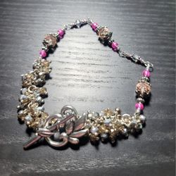 Handcrafted Bead And Crystal Bracelet with Toggle Clasp and Pink Accents