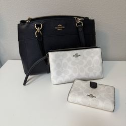 Coach Brooke Navy Satchel W/ Long Zip Around Wallet & Corner Zip Wallet Set